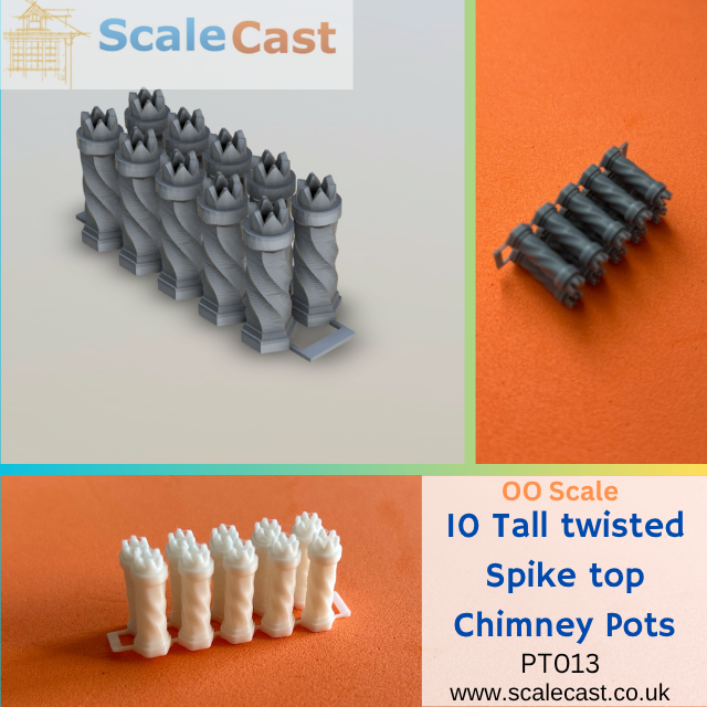 Set of 10 Tall Twisted chimneys Spike top - PT013 - OO Scale for model railways