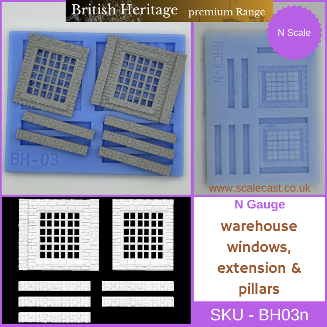 BH03n British Heritage building Warehouse windows & Ext pillars - N Gauge