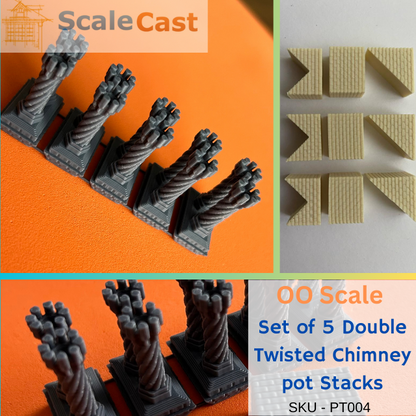 Set of 5 Twisted chimney pots and bases - PT004 - OO Scale