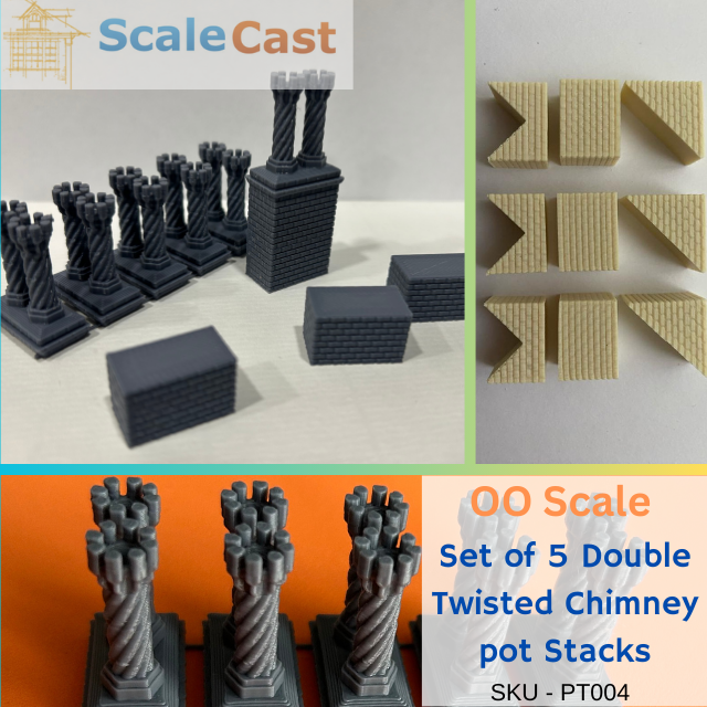 Set of 5 Twisted chimney pots and bases - PT004 - OO Scale