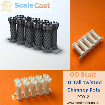 Set of 10 Tall Twisted chimney pots - PT012 - OO Scale for model railways