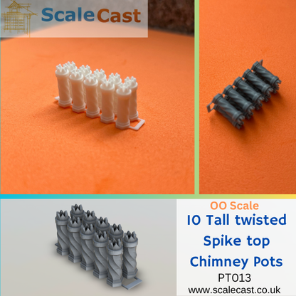 Set of 10 Tall Twisted chimneys Spike top - PT013 - OO Scale for model railways