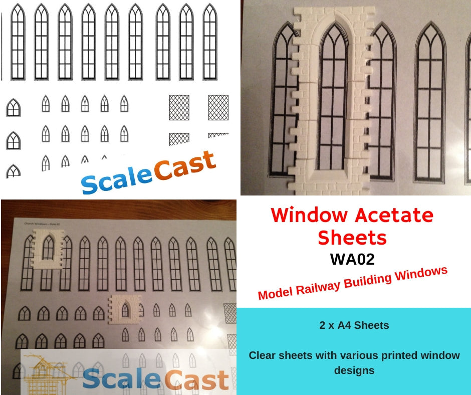 WA02 Clear plastic Victorian Church windows - Model Railway Scenery